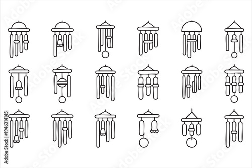 Decorative wind chime outline icons for outdoor garden decor and peaceful zen ornament visuals