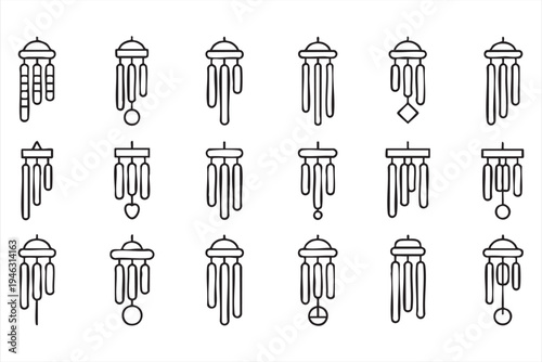 Hanging chime ornament icon set for meditation decor, relaxation spaces and garden aesthetics