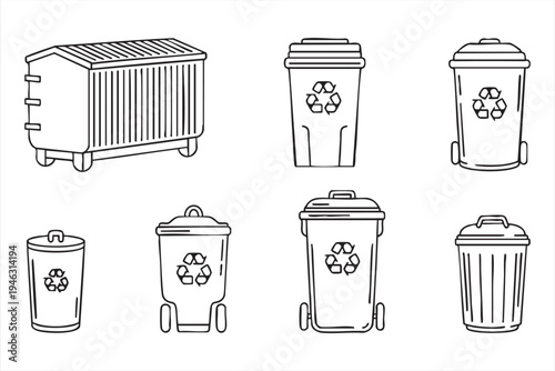 Recycling and waste bin line icons for sanitation systems, eco waste management and environmental services
