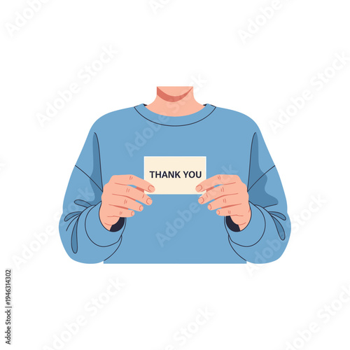 Person holding a 'Thank You' card, expressing gratitude and appreciation, isolated on white.