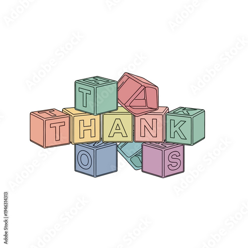 Thank You message spelled out with colorful building blocks, isolated on white background