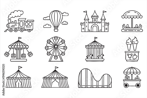 Amusement park and carnival line icons for theme park attractions, family entertainment and leisure travel graphics