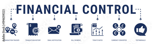 Financial Control web banner icon vector illustration featuring Transaction Tracker, Transaction History, Email Notification, Bill Payment, Today�s Rates, Currency Converter and Testimonials