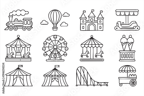 Amusement ride and fairground icon set for theme park graphics, entertainment platforms and leisure visuals