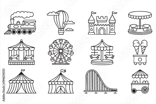 Theme park attractions and carnival ride line icons for entertainment designs and family activity graphics