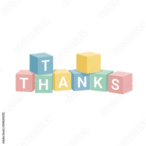 Colorful alphabet blocks spelling THANKS on white background, kids toy, gratitude concept