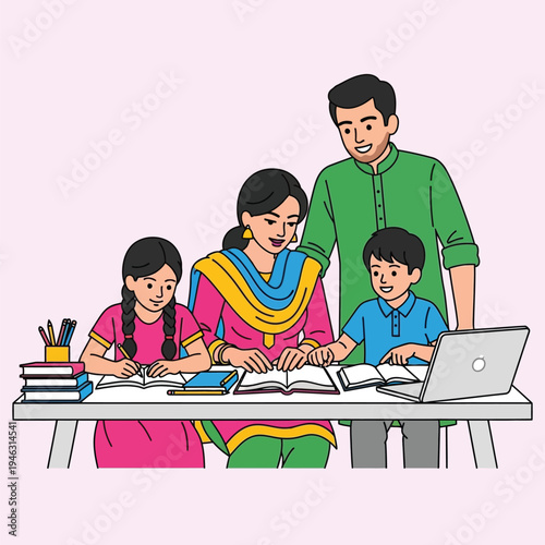 Happy family studying together with laptop and books at home desk