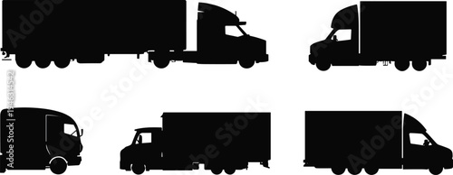 Truck silhouettes illustration, commercial vehicles, semi‑trailer design, box truck shape, delivery van, logistics concept, transportation study, vehicle classification graphic