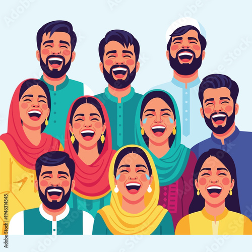 Happy pakistani men and women of different ages celebrating together, group of south asian people laughing