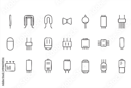 Electronic circuit components line icon set with resistors capacitors transistors diodes and semiconductor chips