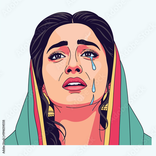 Crying south asian woman, unhappy and sad pakistani or indian female with tears on her face