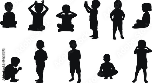 Children silhouettes illustration, playful poses, sitting cross‑legged, standing gestures, squatting posture, expressive body language, casual activity, educational concept, artistic design
