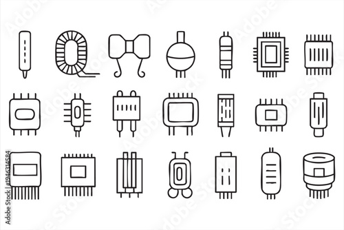 Integrated circuit components and semiconductor devices outline icon set for electronics engineering visuals