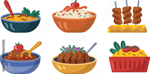 Colorful food bowls illustration, rice vegetables, soup stew, grilled meat skewers, festive dish design, culinary concept, recipe art, menu graphic