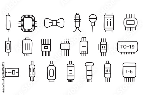 Electronic hardware components line icons featuring microchips transistors capacitors and circuit devices