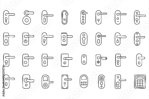 Lock and door handle outline icons, modern entrance hardware symbols for safety visuals