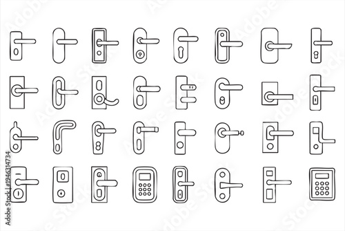 Entrance handle and lock line icons, residential and commercial access hardware symbols