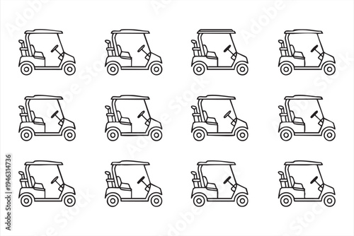 Golf course cart linear icon collection, leisure transport vehicle symbols for tourism graphics