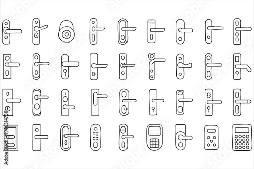 Door lock linear icon collection, handle and latch symbols for architectural security design