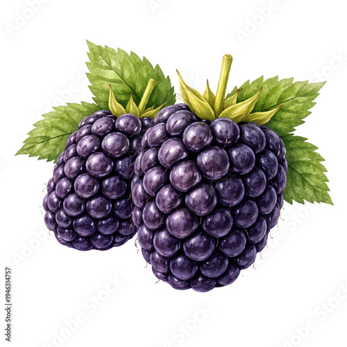 A watercolor illustration of fresh blackberry fruits for food illustrations, healthy eating designs, summer fruit themes, and kitchen decor.