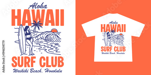 Hand-drawn Retro illustration of summer club, surfing Graphic Design for T shirt streetwear and urban style