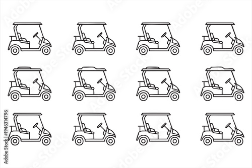 Golf mobility vehicle outline icon pack, electric leisure transport symbols for hospitality graphics
