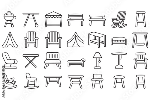 Outdoor patio and home furniture outline icons, seating decor symbols for lifestyle graphics