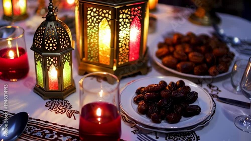 Ramadan Table Setting with Dates and Lanterns for Iftar Feast.