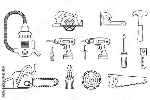 Electric tool outline icons, drill saw hammer equipment symbols for carpentry visuals