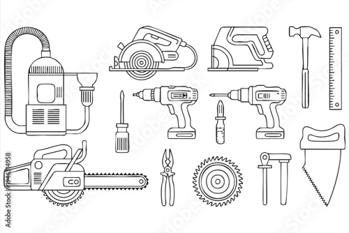 Power tools line icon set, construction equipment symbols for workshop and industrial repair graphics