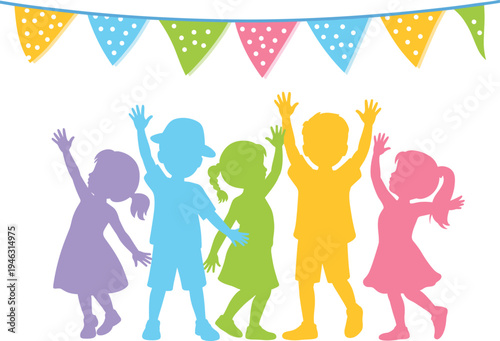 Colorful children silhouettes, festive celebration, party banners, joyful kids, playful poses, school event, festival fun, excitement illustration, happiness concept