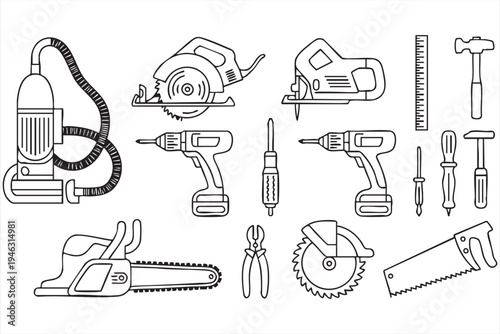Construction workshop tool linear icon collection, industrial repair equipment symbols