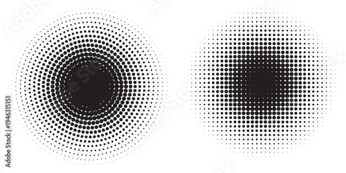 Set of halftone dots gradient pattern texture isolated on white background. Straight dotted spots using halftone circle dot raster texture.