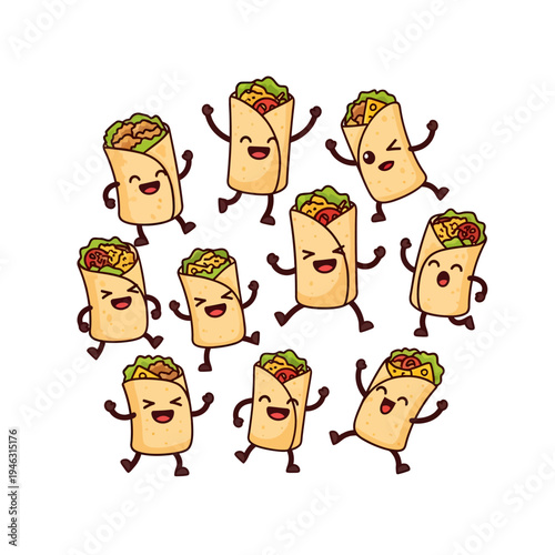 Celebrating National Burrito Day with happy cartoon burritos dancing together