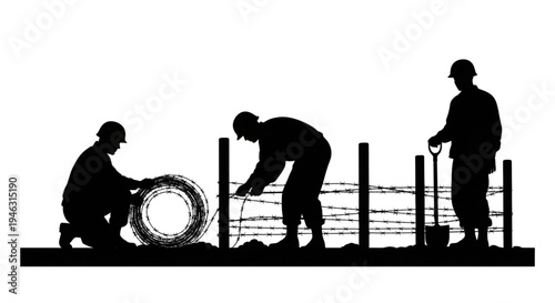 Military Soldiers Installing Barbed Wire Fence Fortification Silhouette