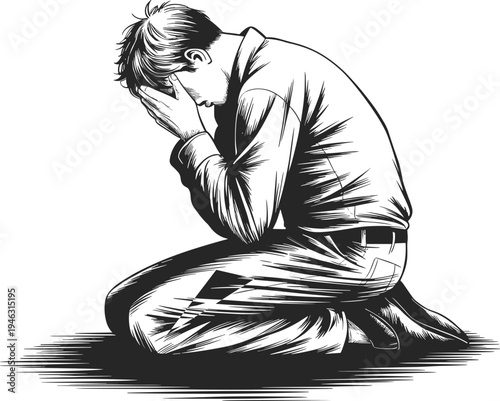 Sad man kneeling and crying with face in hands, depressed male character feeling grief and sorrow, vector