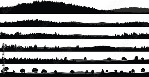 Mountain and Forest Landscape Silhouette Borders Set with Trees and Hills Isolated on White Background for Nature Design