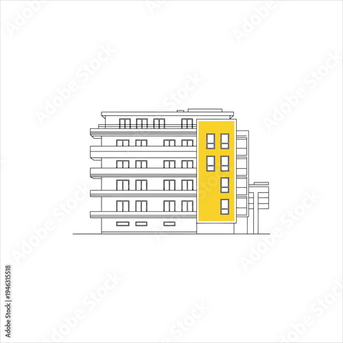 A drawing of a building with a yellow section on the right side