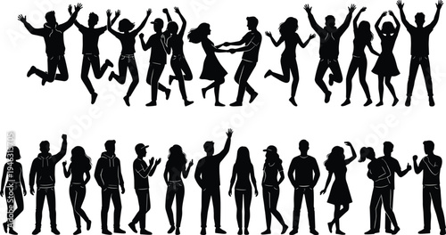 Collection of dancing and standing people silhouettes with men and women isolated on white background for party lifestyle design
