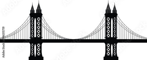 Classic Suspension Bridge Silhouette with Twin Towers and Hanging Cables Isolated on White Background, Urban Infrastructure Landmark Illustration