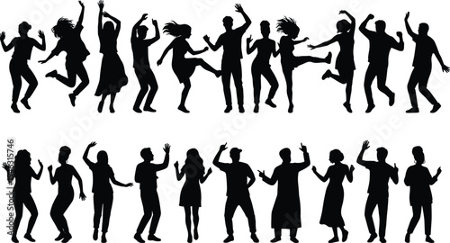 Collection of dancing people silhouettes with men and women in dynamic party poses isolated on white background