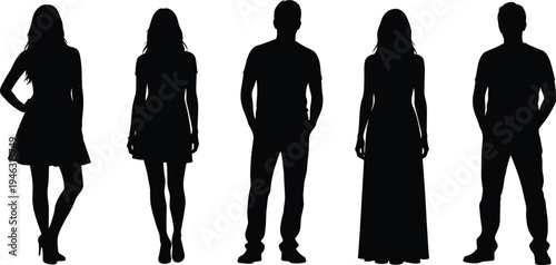 Set of standing men and women silhouettes isolated on white background, diverse human figures collection for lifestyle, fashion design