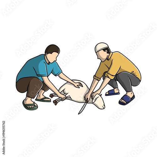 Two Muslim Men Sacrificing a Goat for Eid al-Adha Celebration Illustration