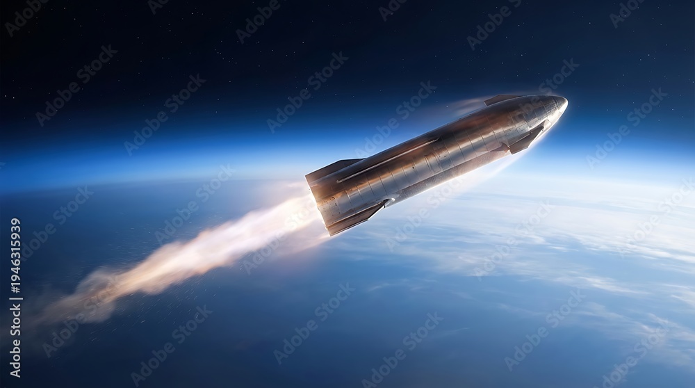 Fototapeta premium Powerful Rocket Launching into Space, Blasting Through Earths Atmosphere with Fiery Exhaust, Space Exploration and Future Travel Concept.