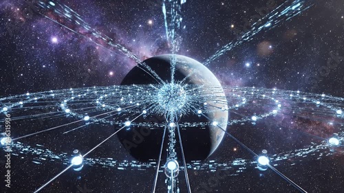 Futuristic Network Around a Planet - A video video displays a network of interconnected nodes around a planet with a starlit, colorful nebula background.