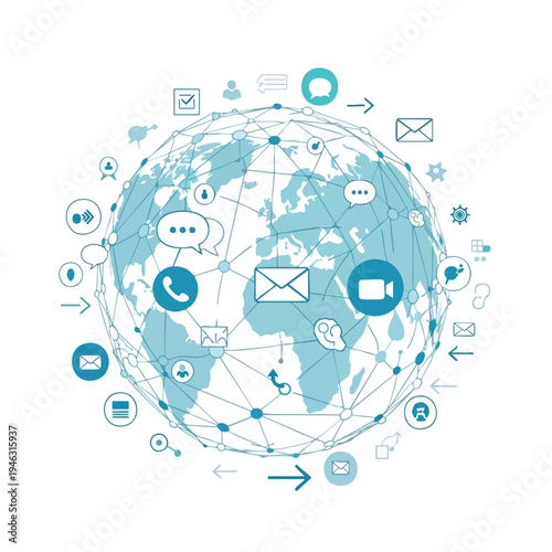 Globe network with communication icons representing global connectivity
