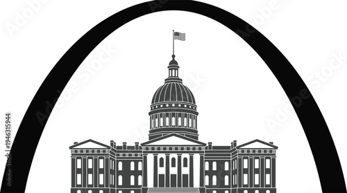 United States Capitol building silhouette with dome and American flag isolated on white background historic government landmark illustration