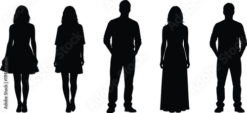 Collection of standing men and women silhouettes isolated on white background, human figure set for people, lifestyle, fashion design