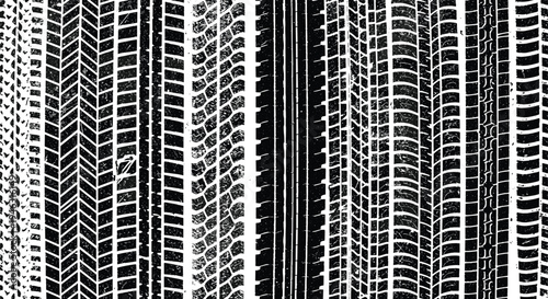 Collection of realistic tire tread track patterns isolated on white background, grunge rubber texture set for automotive, road, transport design use