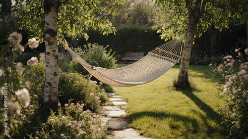 Relaxing Hammock in a Lush Green Garden with Trees and Sunlight.